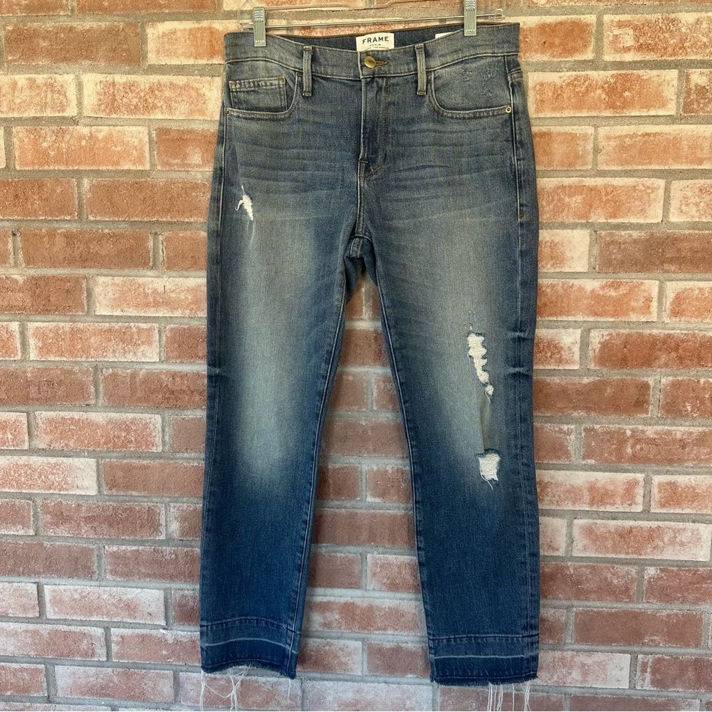 FRAME Le Boy Distressed Released Hem Relaxed Straight Cropped Jeans Women’s 27